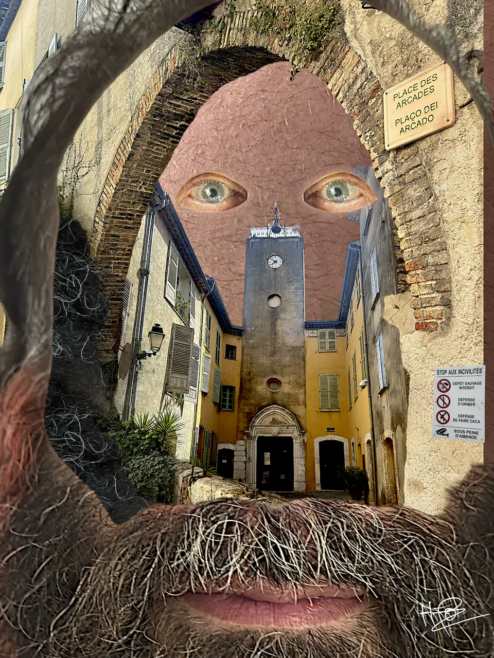 le vieux village de Biot interprété en visage d'homme barbu. représentation phallique